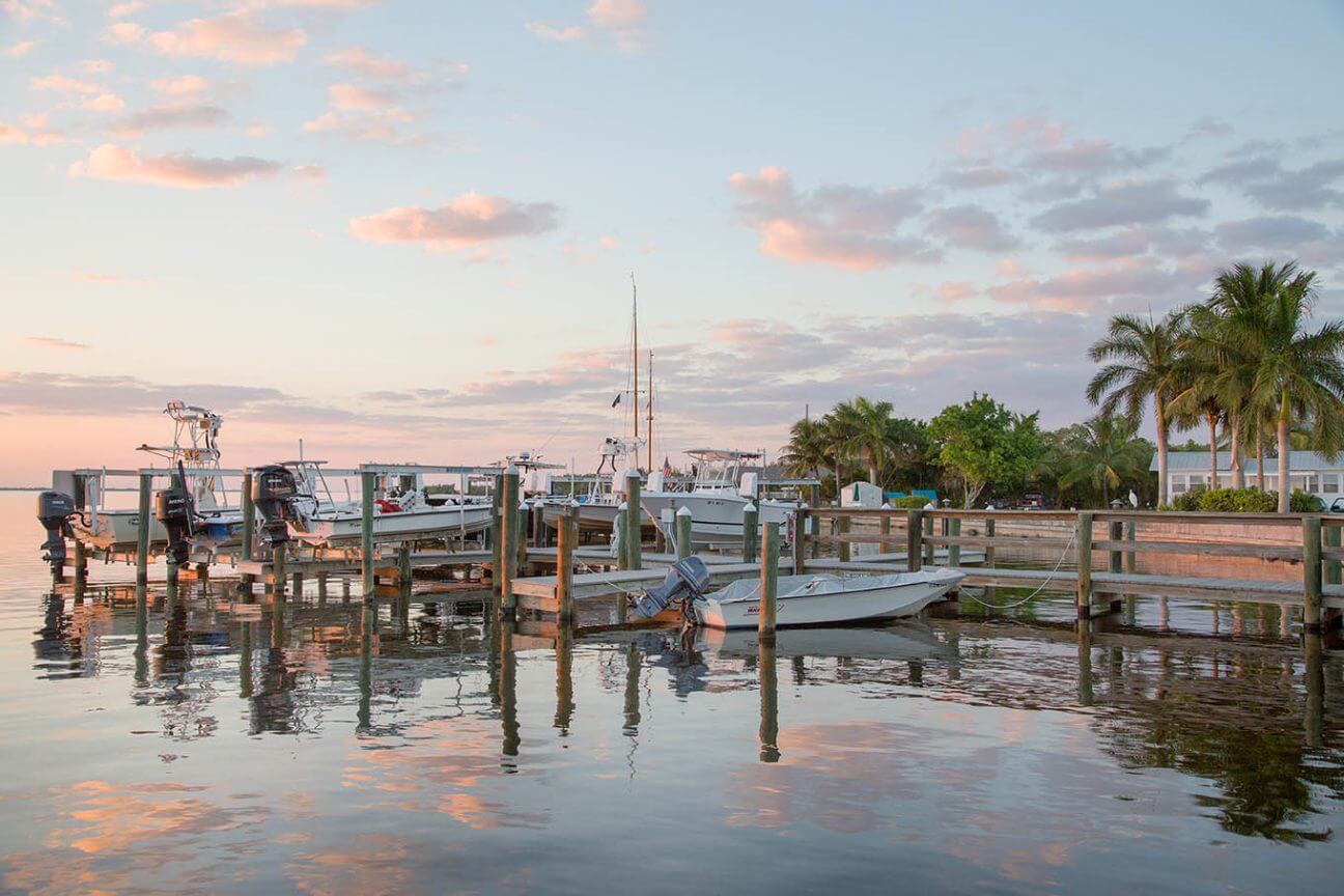 The dock at Tarpon Lodge at sunset.