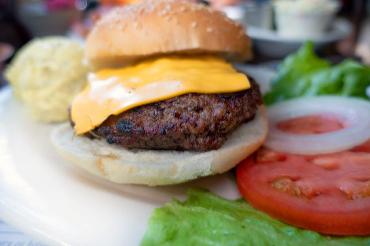 Close up view of Cabbage Key's famous cheeseburger in paradise. 